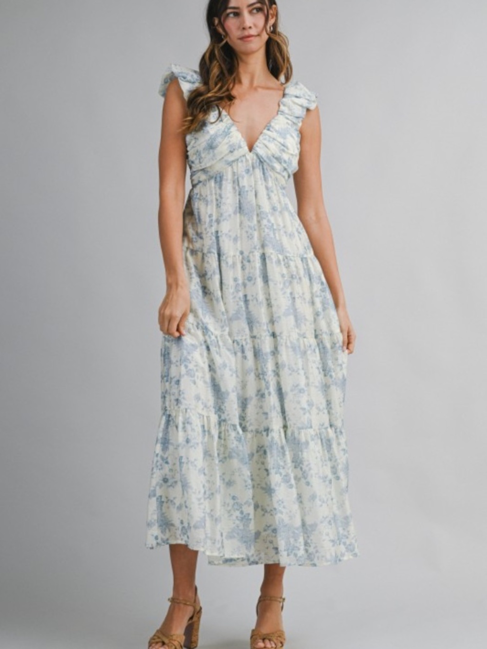 Floral Print Ruched Pleated Detail Midi Dress